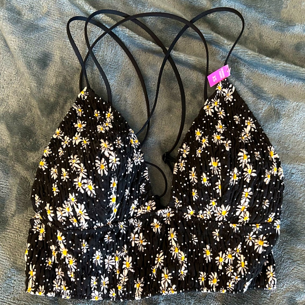 NWT PINK brand,  lined black flowered bra top size XS